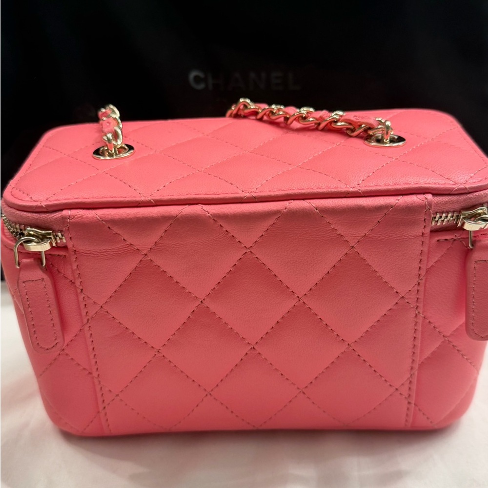 CHANEL Pink Quilted Vanity Cosmetic Case with Gold Chain - Picture 7 of 11